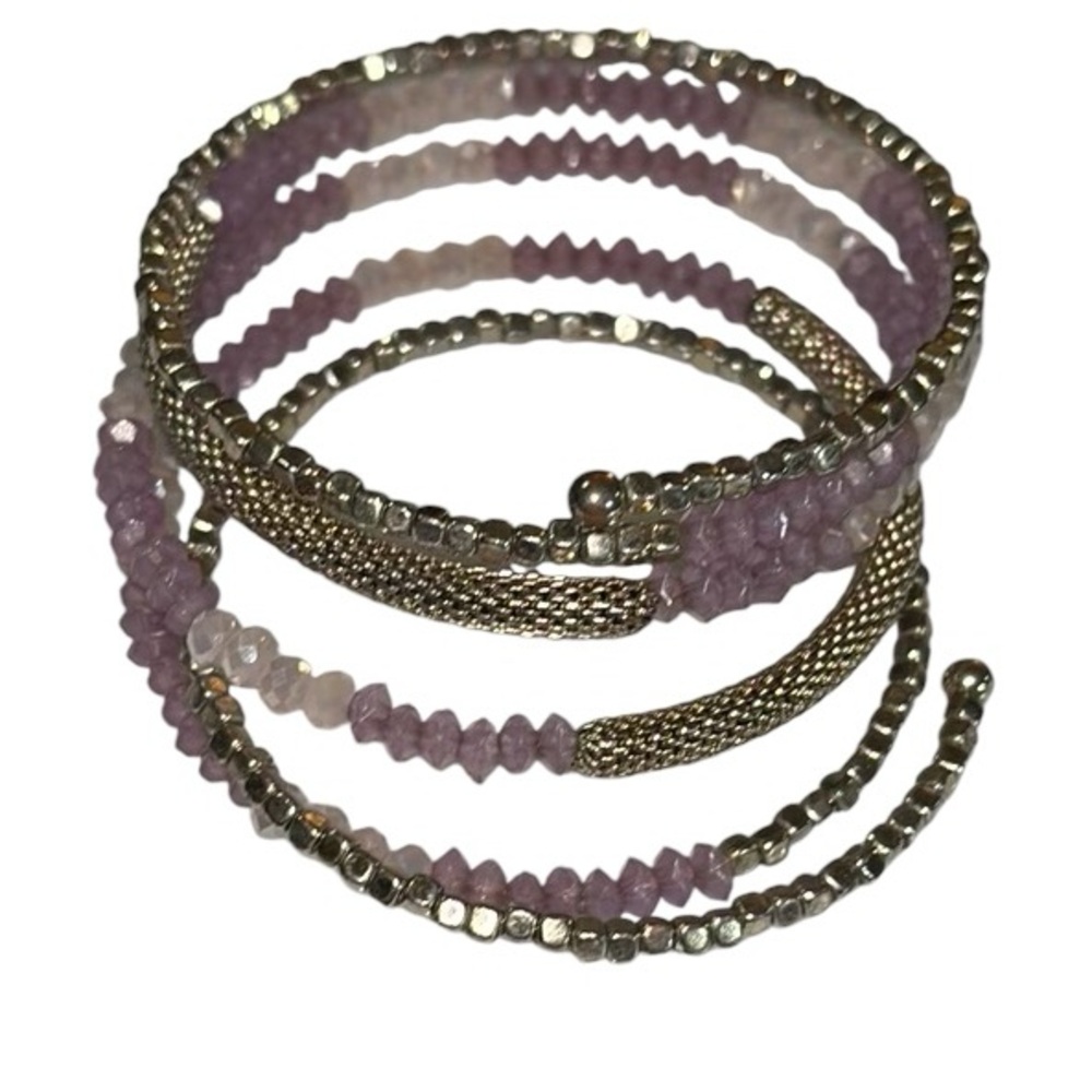 Comfortable Purple Pink Silver Beaded Wrap Bracelet – Stretchy